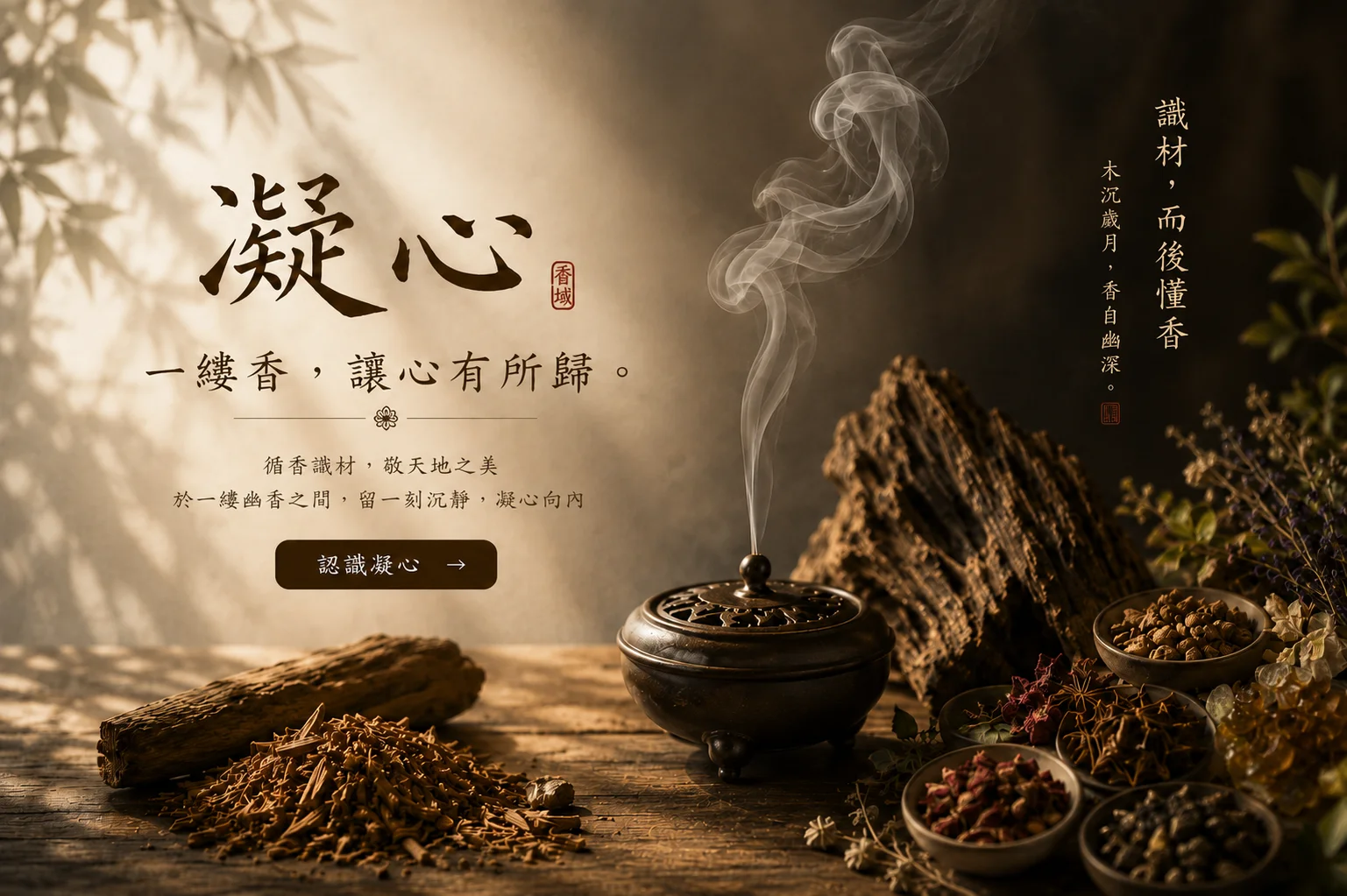 凝心香域首頁主視覺－植物香材與東方用香